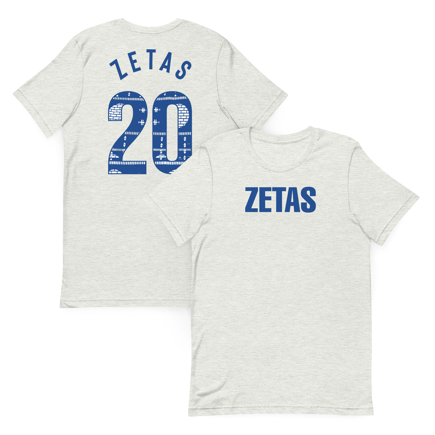 Front and back view of ash Zeta Phi Beta tee featuring Ankara 20 design on the back