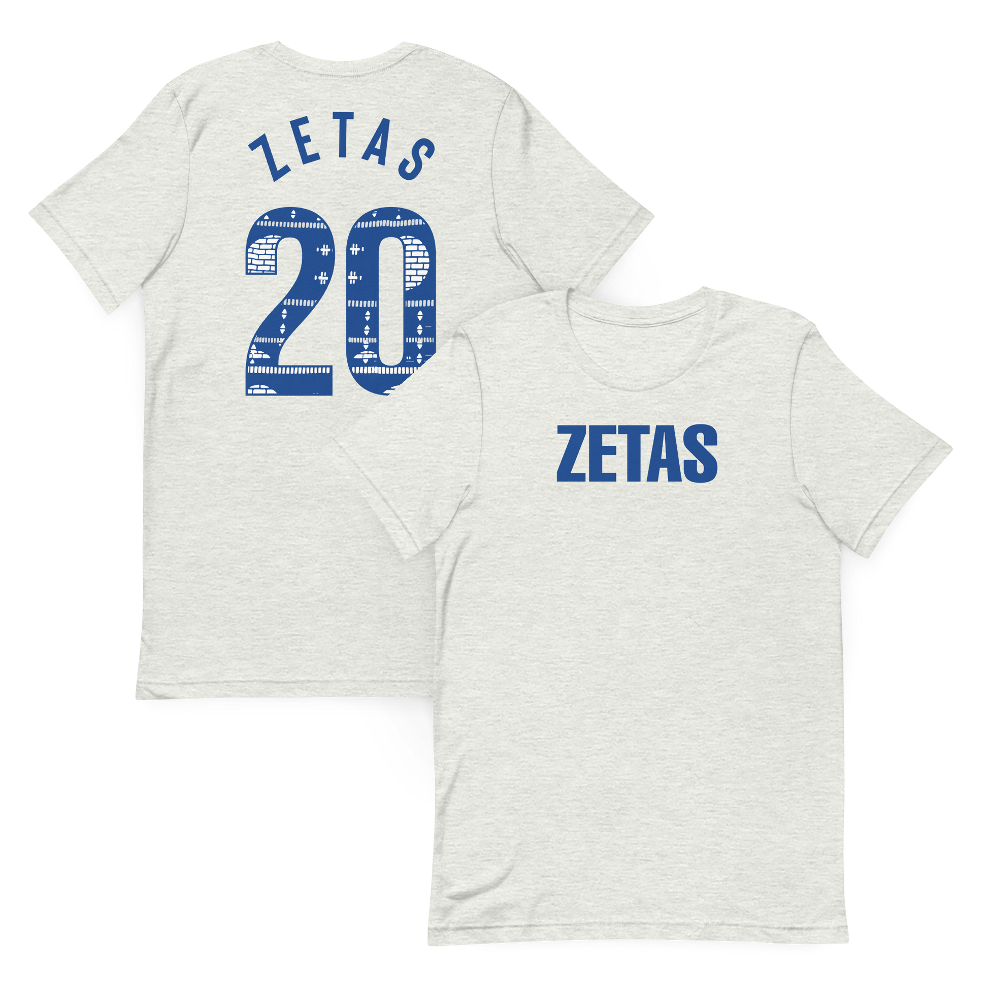 Front and back view of ash Zeta Phi Beta tee featuring Ankara 20 design on the back