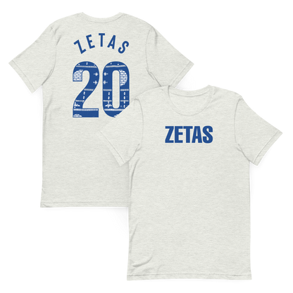 Front and back view of ash Zeta Phi Beta tee featuring Ankara 20 design on the back