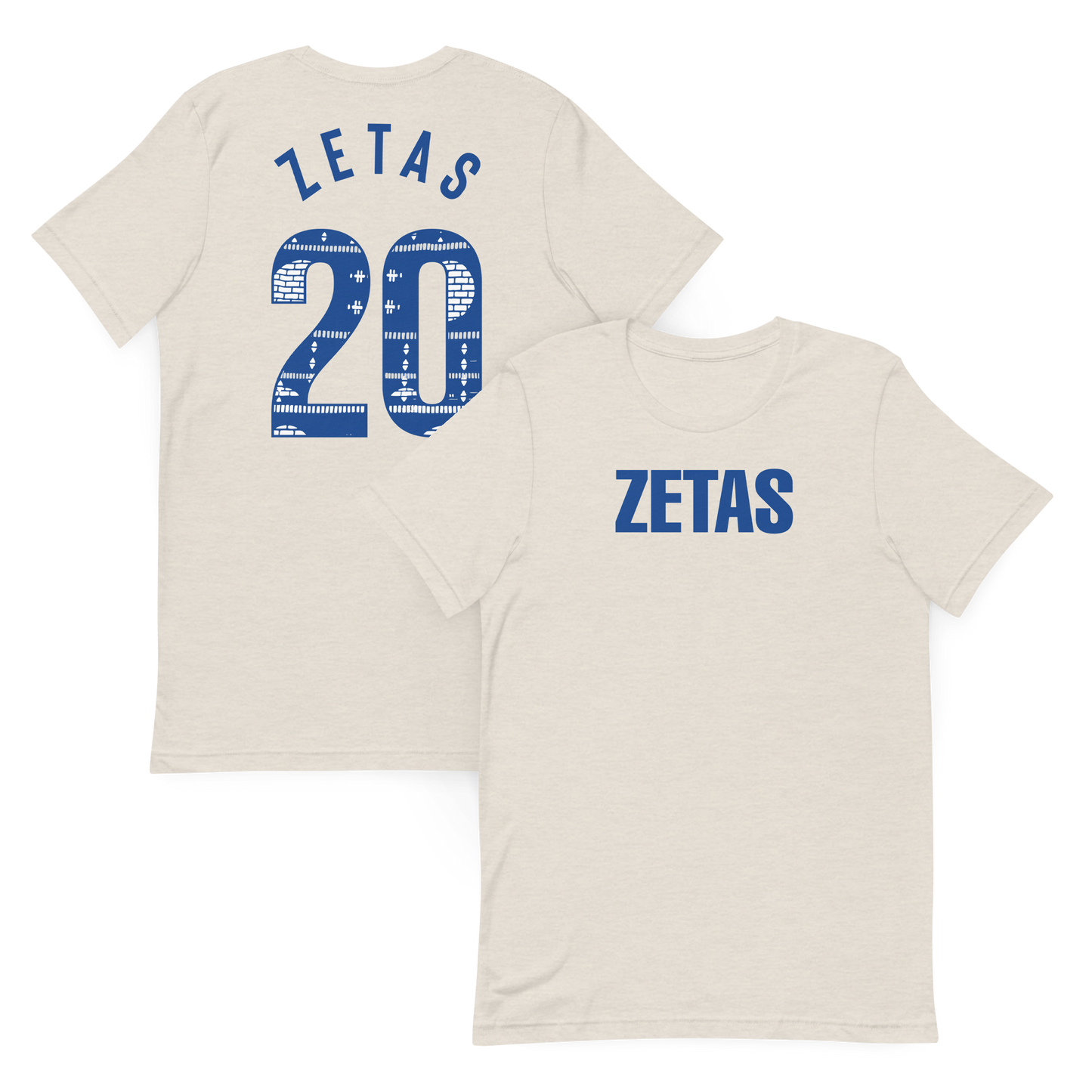 Front and back view of heather dust Zeta Phi Beta ZETAS t-shirt with Ankara 20 design