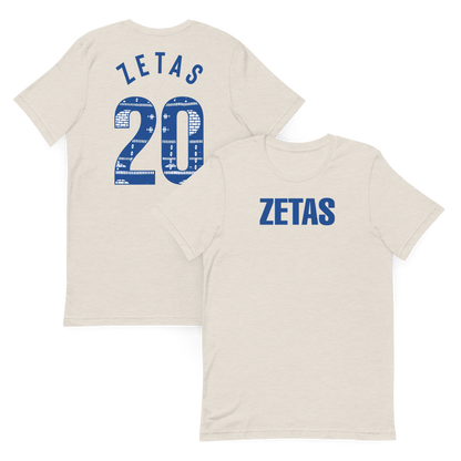 Front and back view of heather dust Zeta Phi Beta ZETAS t-shirt with Ankara 20 design
