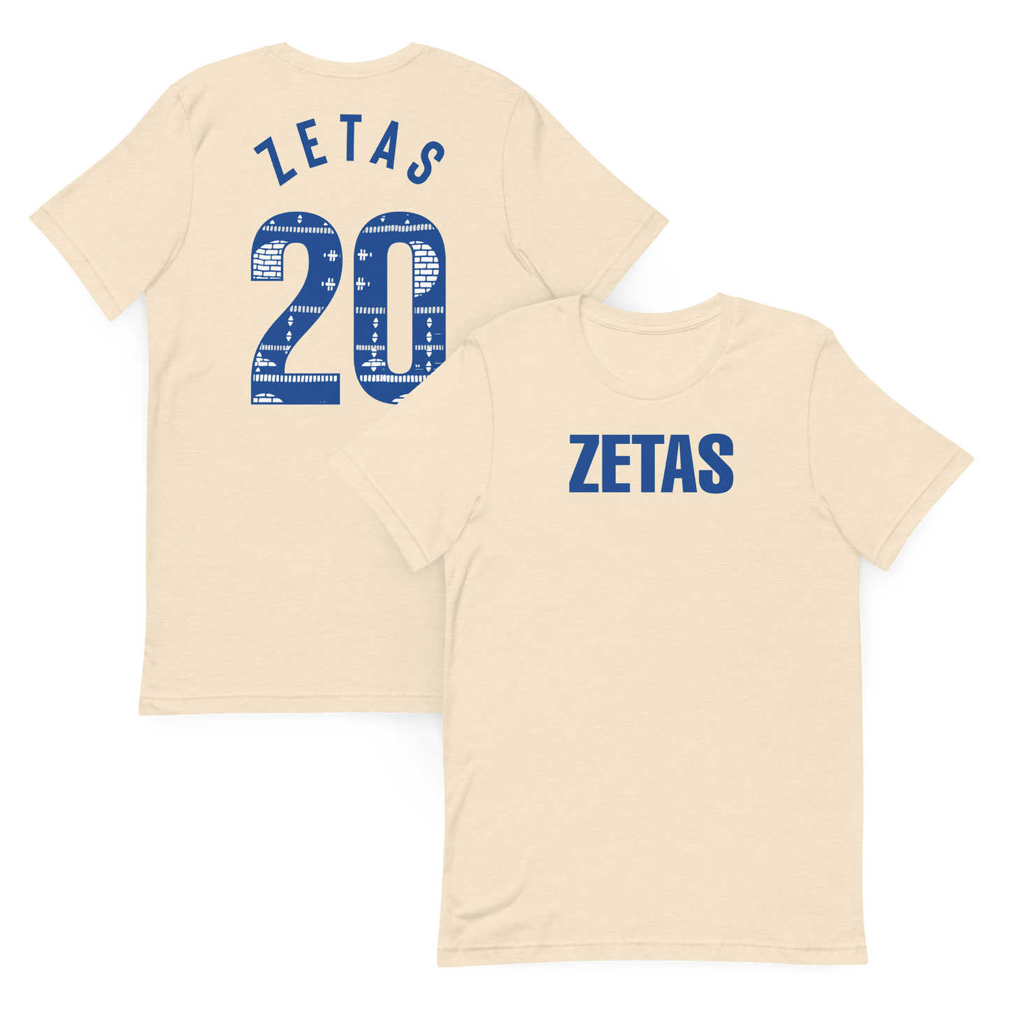 Front and back view of bone Zeta Phi Beta ZETAS t-shirt featuring Ankara 20 graphic