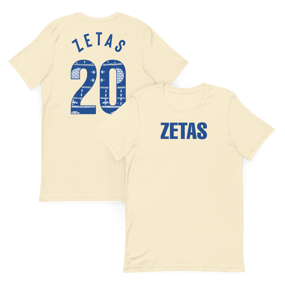 Front and back view of natural Zeta Phi Beta ZETAS t-shirt with Ankara 20 print