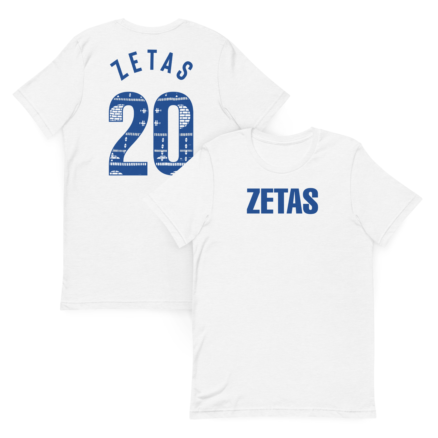 Front and back view of white Zeta Phi Beta ZETAS t-shirt with Ankara 20 artwork