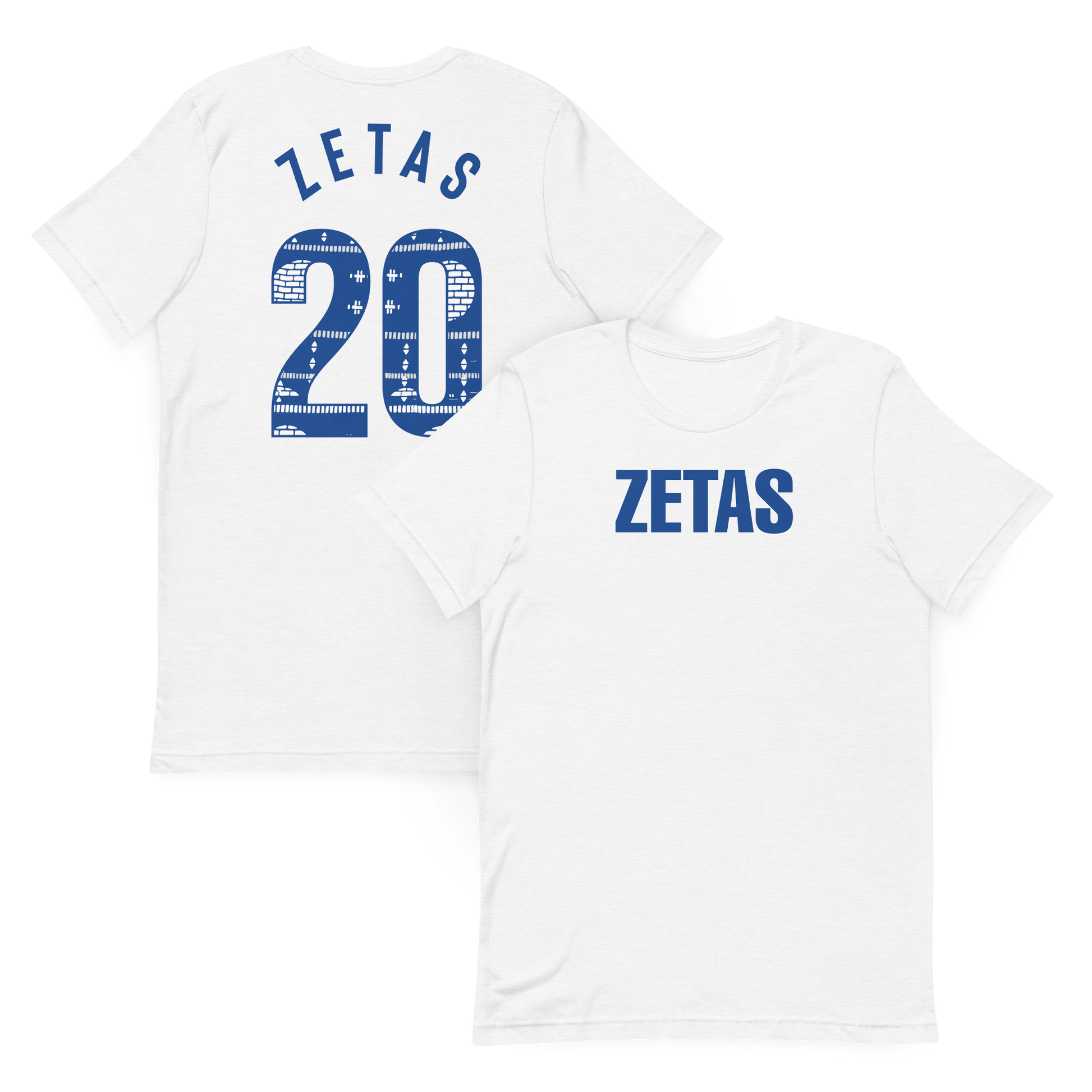 Front and back view of white Zeta Phi Beta ZETAS t-shirt with Ankara 20 artwork