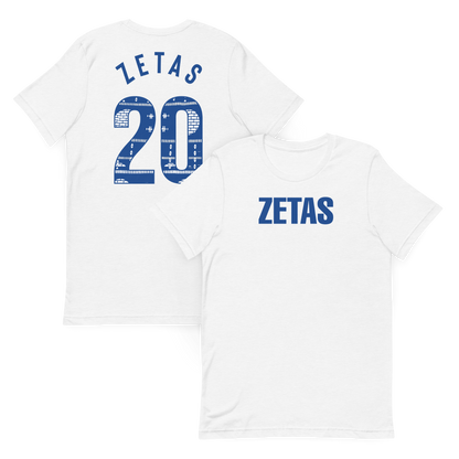 Front and back view of white Zeta Phi Beta ZETAS t-shirt with Ankara 20 artwork