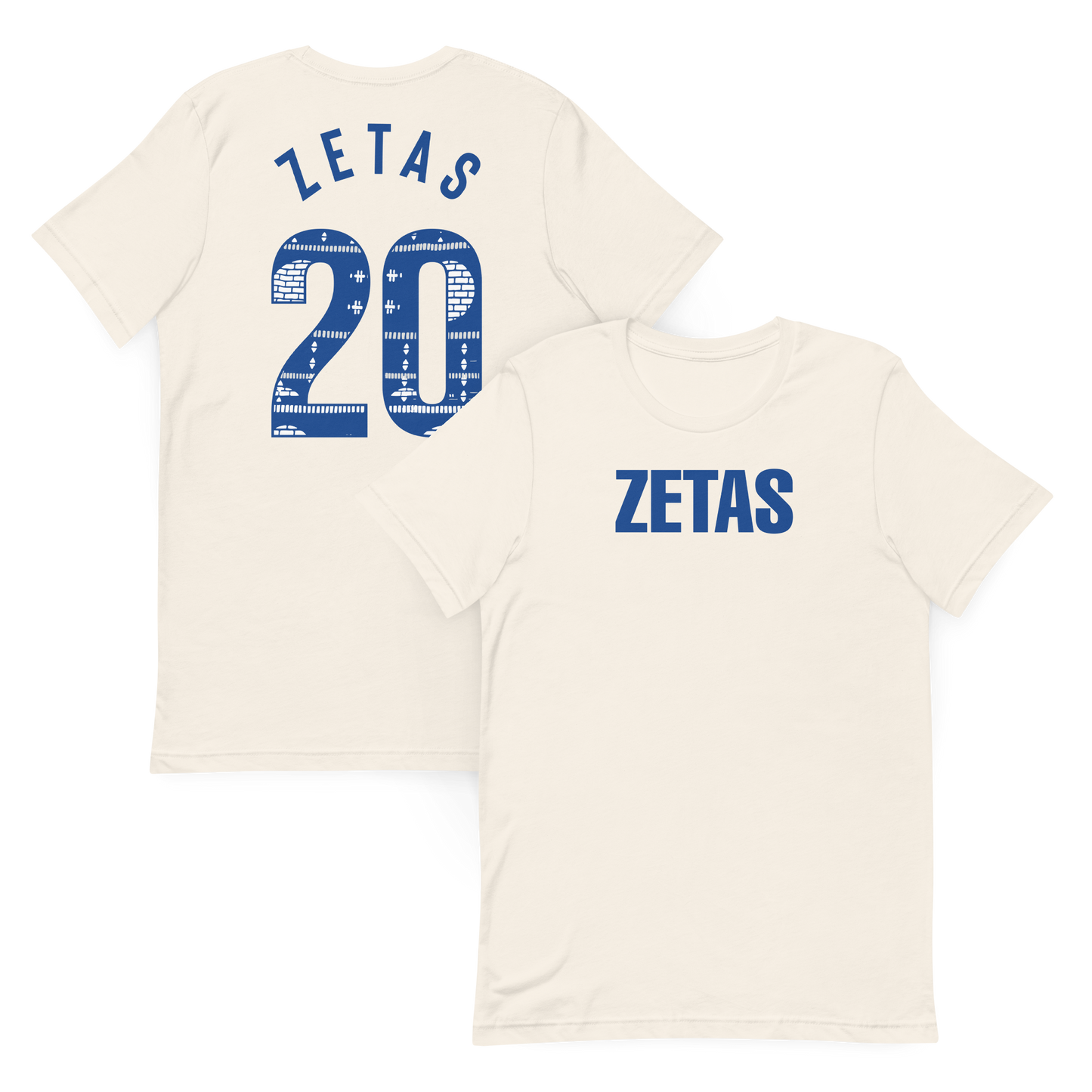 Front and back view of vintage white Zeta Phi Beta ZETAS t-shirt with Ankara 20 graphic