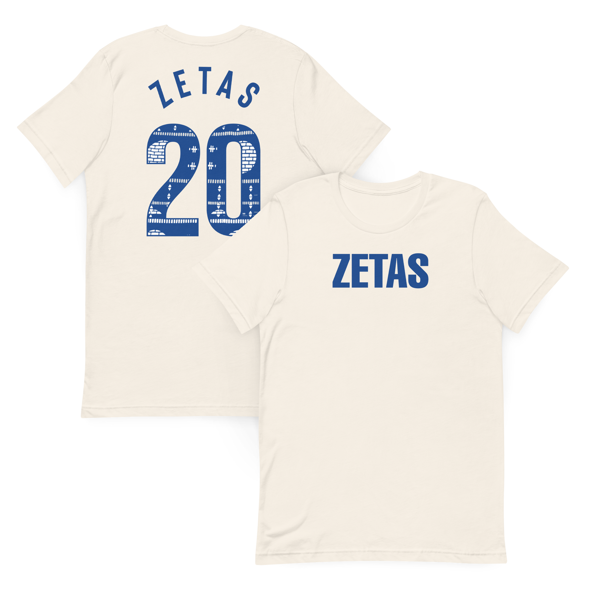 Front and back view of vintage white Zeta Phi Beta ZETAS t-shirt with Ankara 20 graphic