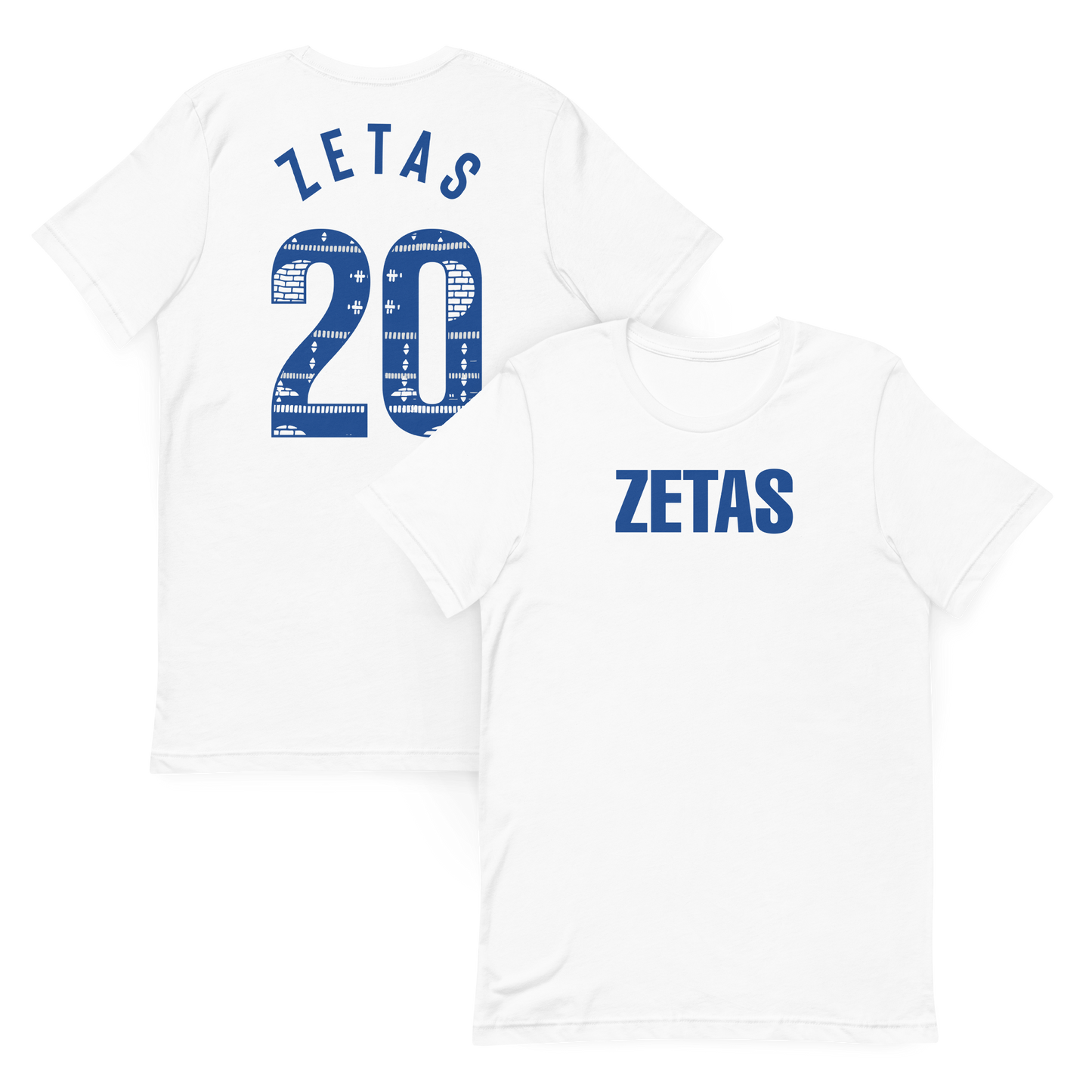 Front and back view of white Zeta Phi Beta ZETAS t-shirt with Ankara 20 graphic