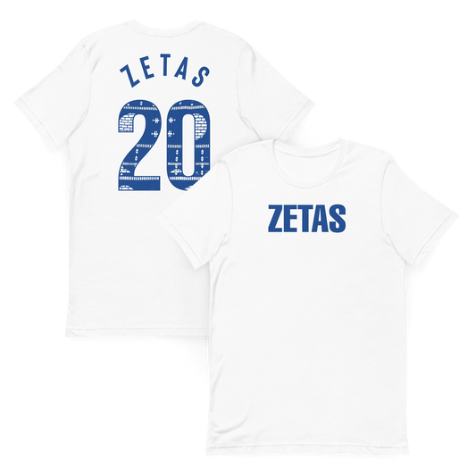 Front and back view of white Zeta Phi Beta ZETAS t-shirt with Ankara 20 graphic