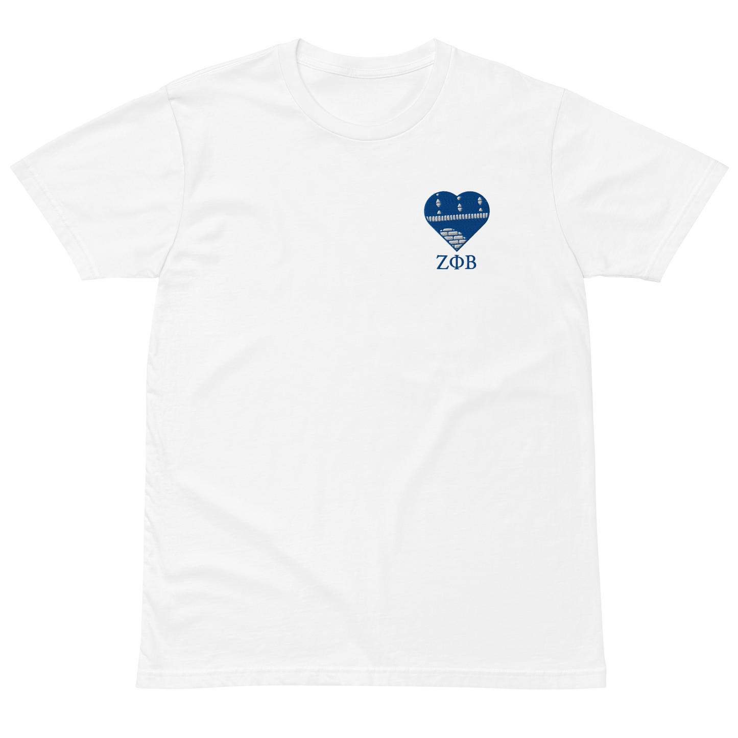 White Zeta Phi Beta crewneck featuring Ankara heart embroidery