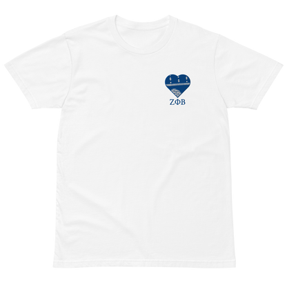 White Zeta Phi Beta crewneck featuring Ankara heart embroidery