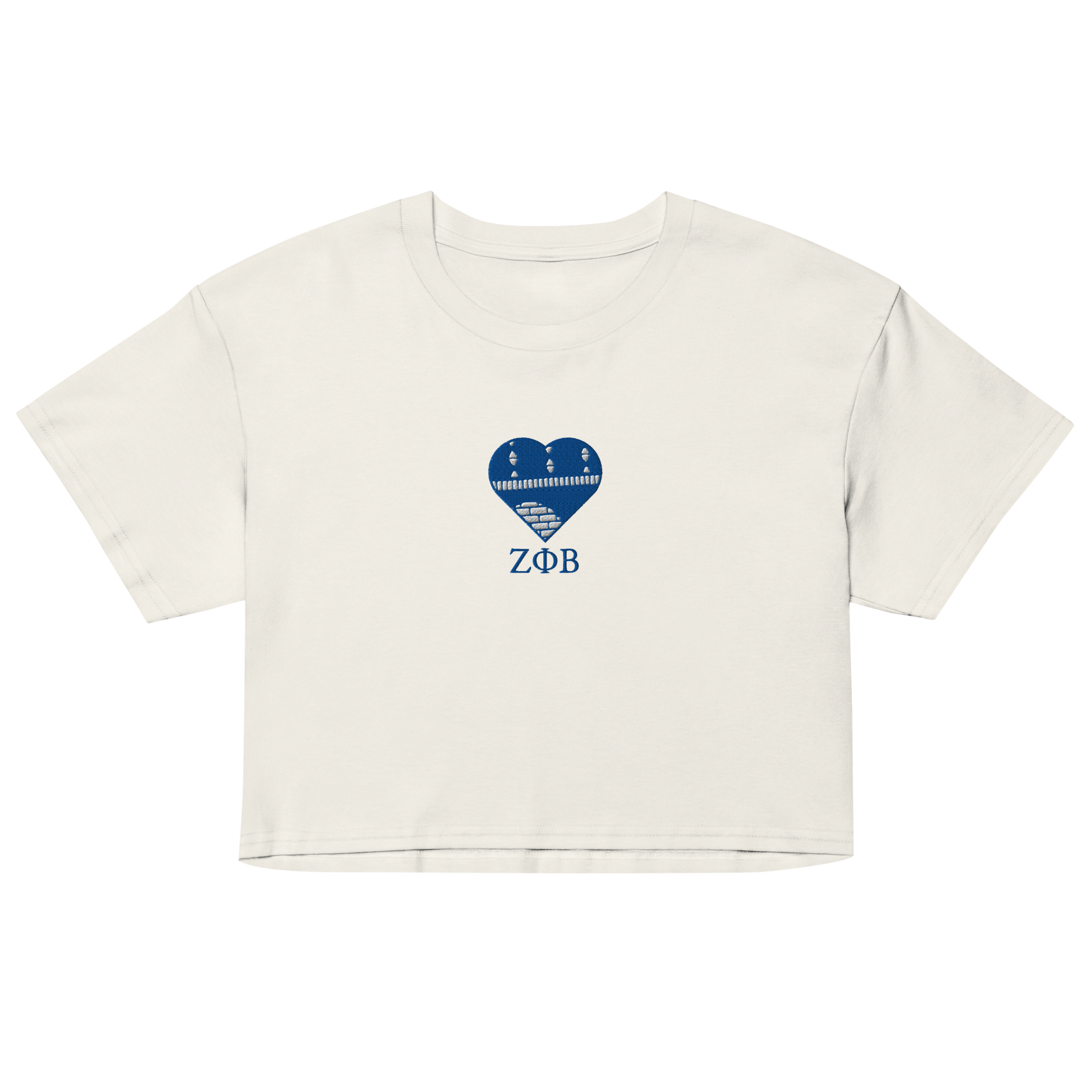 Zeta Phi Beta crop top in ecru with Ankara heart embroidery