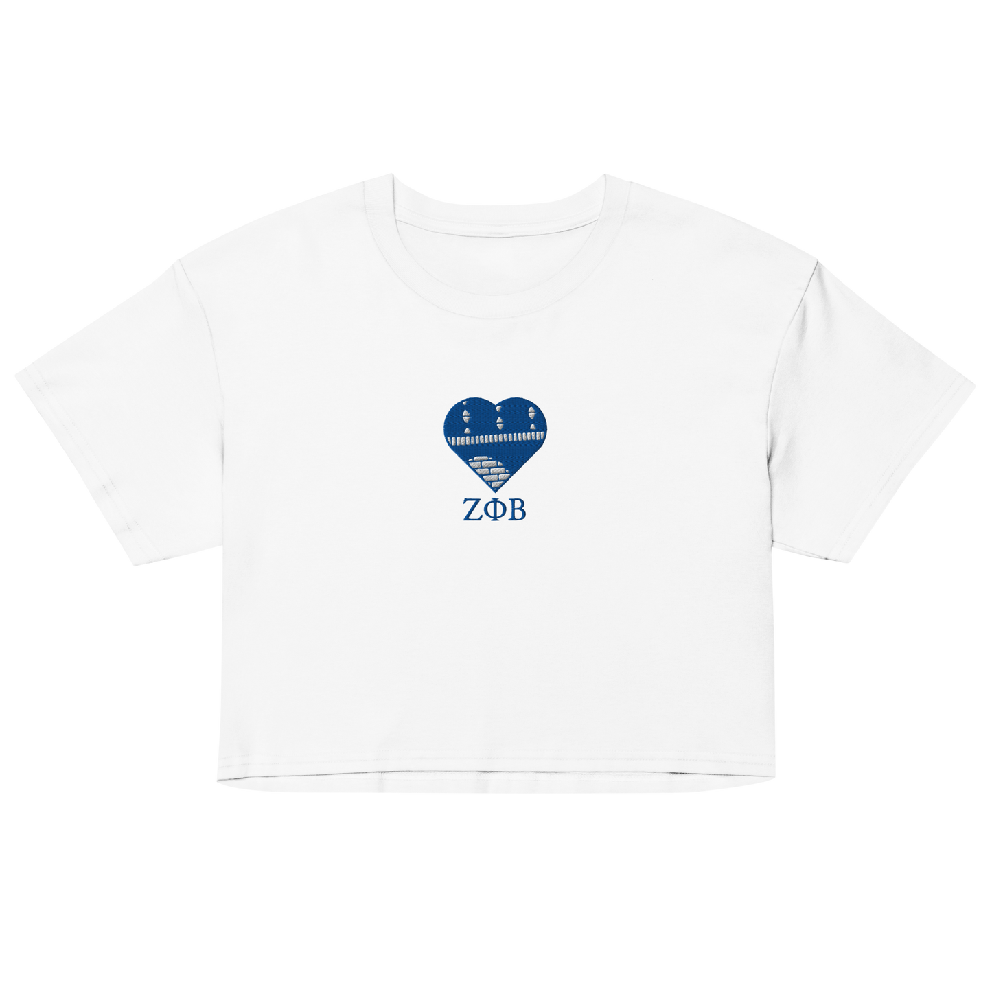 White Zeta Phi Beta crop top with embroidered Ankara heart