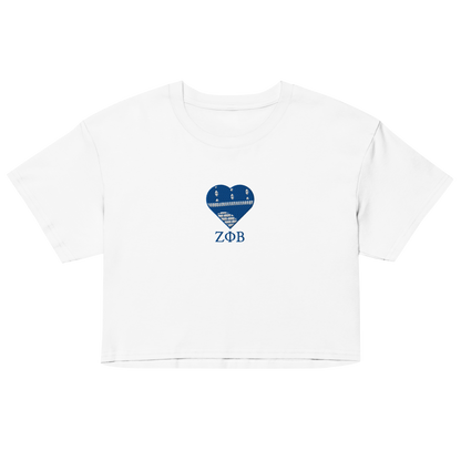 White Zeta Phi Beta crop top with embroidered Ankara heart